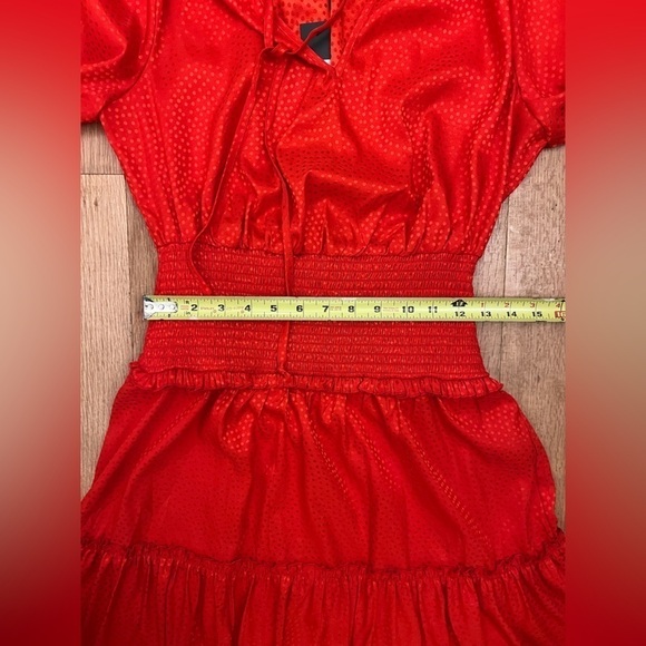 BCBGMAXAZRIA Red Long Puffed Sleeve Tie Front Smocked Waist Tiered Dress Sz XS - Picture 15 of 16